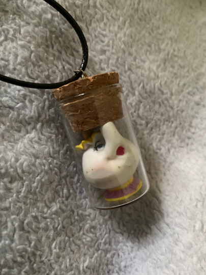 Disney Inspired  Beauty and the Beast Bottle Necklace - Mrs. Pots and Chip Fan Art